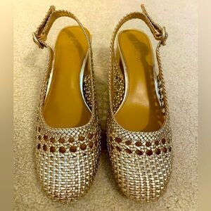 J. Crew Factory Woven Slingback, Chunky Gold Heels